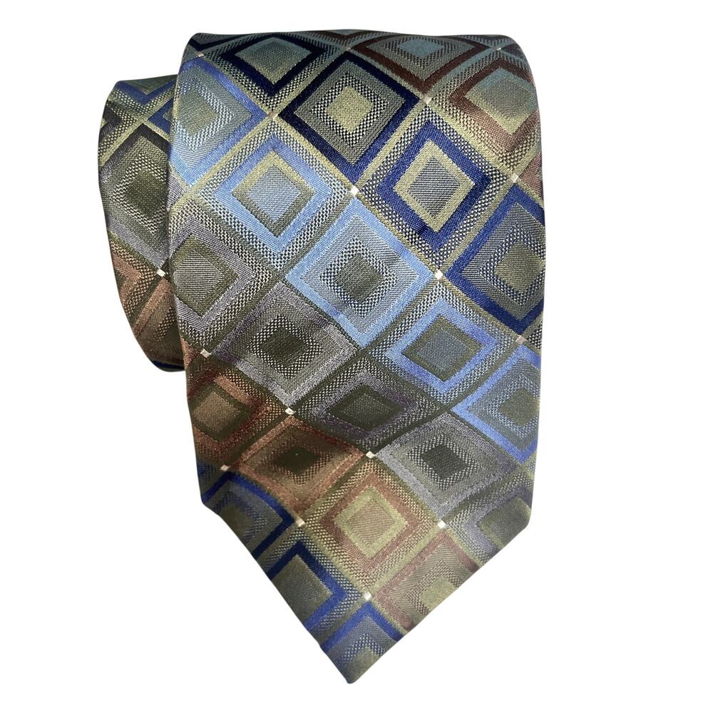 Joe Joseph Abboud Geometric Patterned Silk Necktie Green and Blue Tie